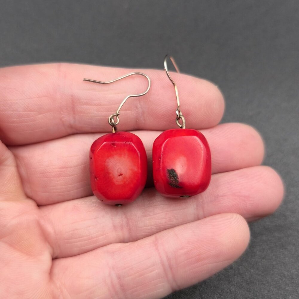 Copper Good Size Chunk Of Red Shell Dangle Earrin… - image 3